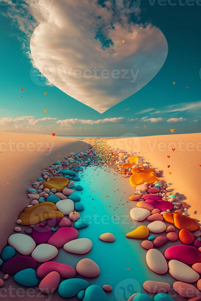 heart shaped balloon flying over a sandy beach. . photo