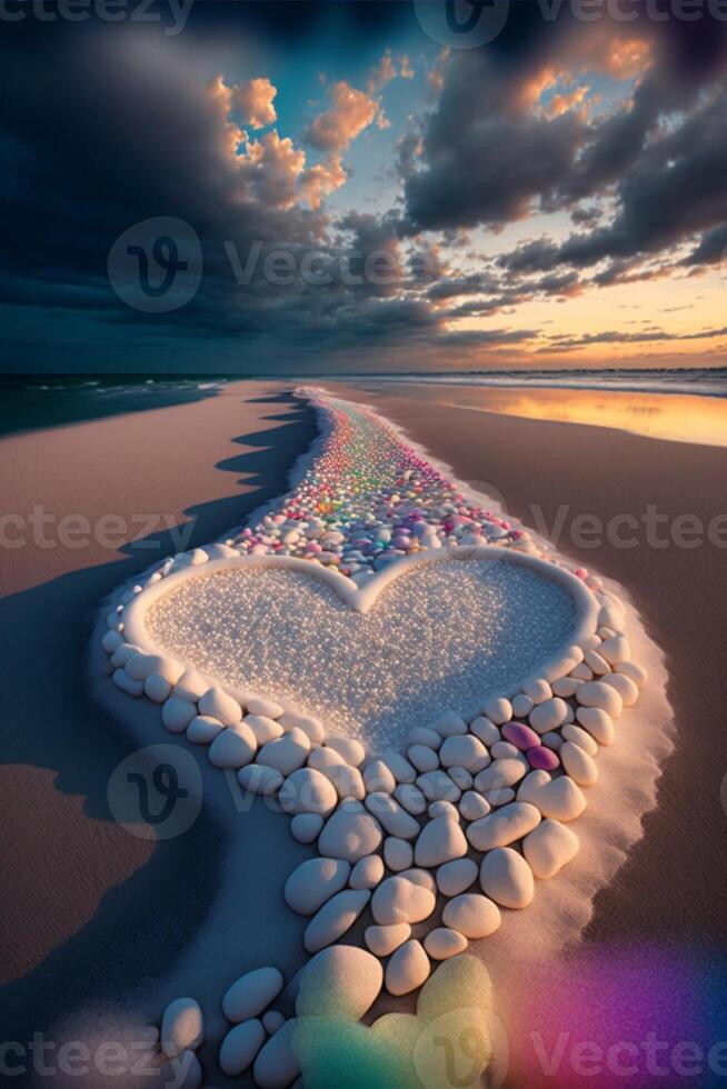 heart made out of rocks on a beach. . photo