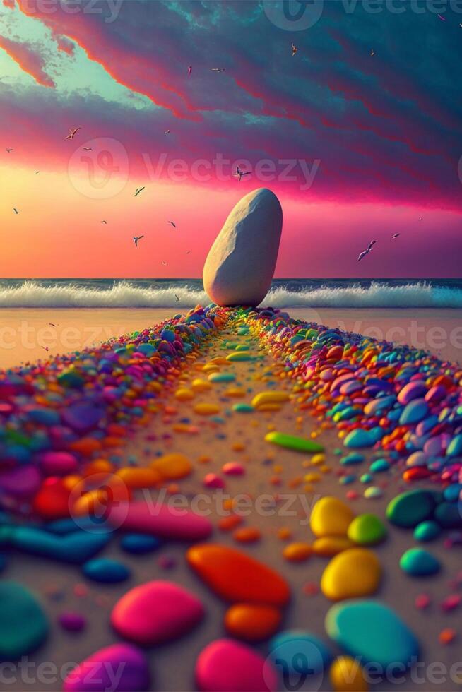 large rock sitting on top of a sandy beach. . photo