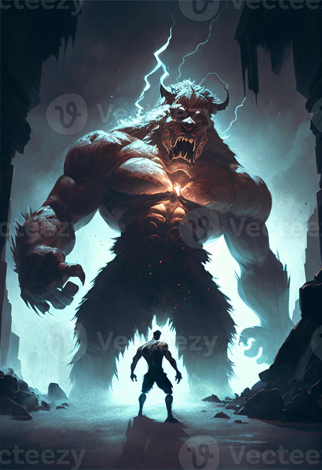 man standing in front of a giant monster. . 22879564 Stock Photo at