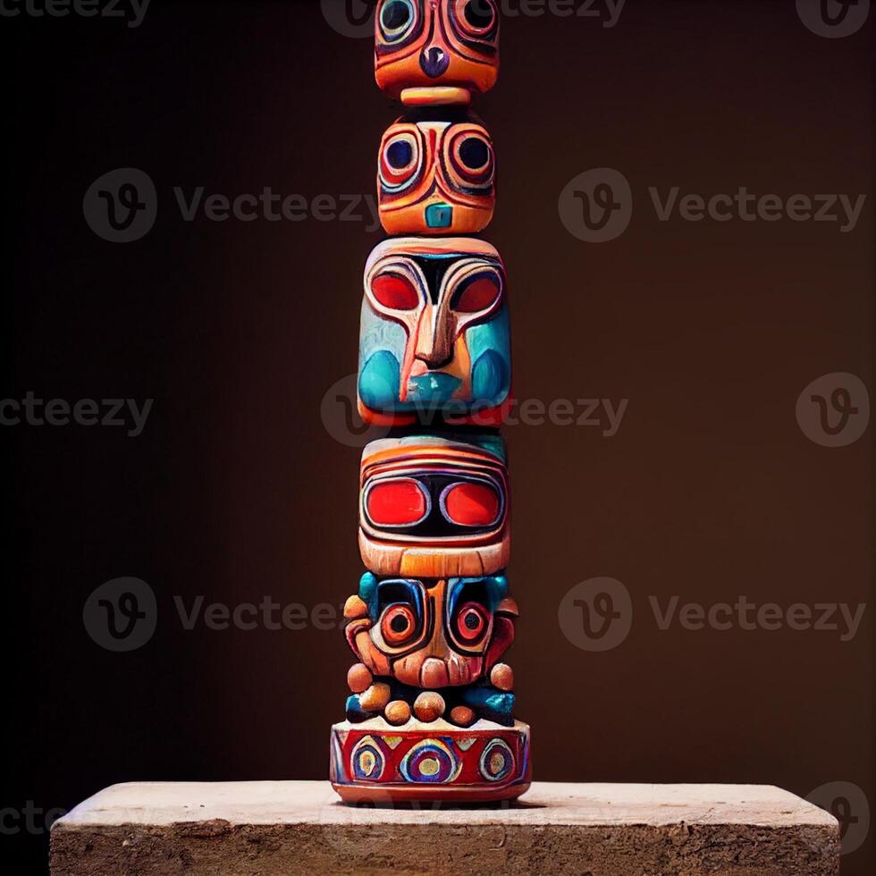 totem pole in front of a blue sky. . photo