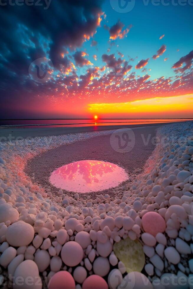 puesta de sol reflejando en un piscina de agua en un playa. generativo ai. foto