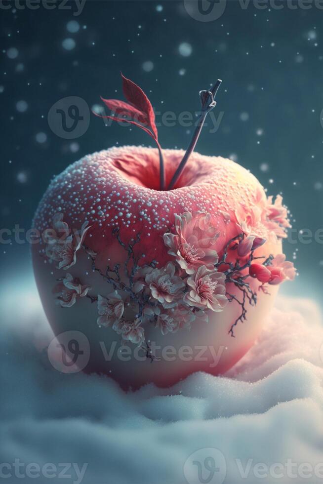 red apple sitting on top of snow covered ground. . photo