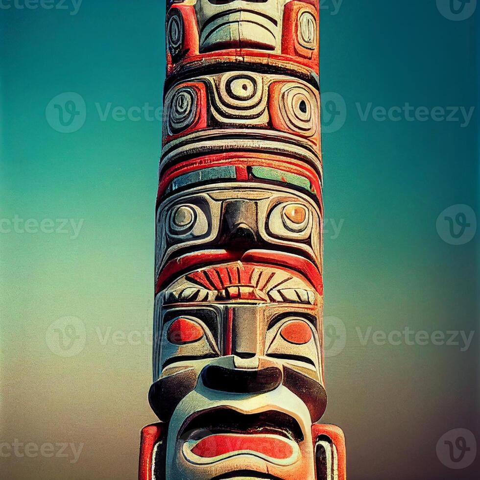 totem pole in front of a blue sky. . photo
