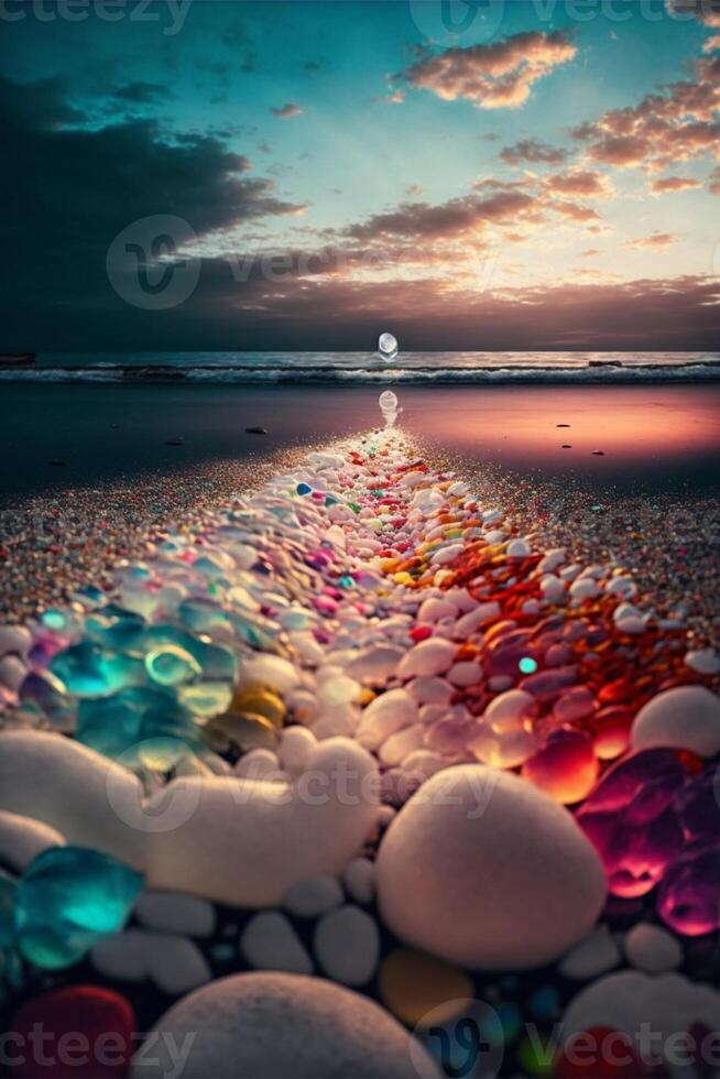 rainbow of rocks on a beach at sunset. . photo