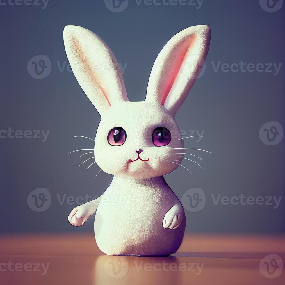 white rabbit sitting on top of a wooden table. . photo