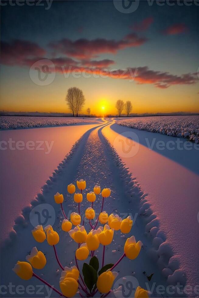 manojo de amarillo tulipanes sentado en parte superior de un nieve cubierto campo. generativo ai. foto