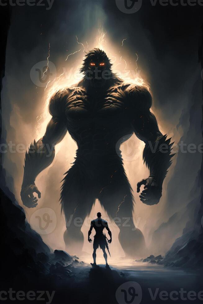 man standing in front of a giant monster. . photo