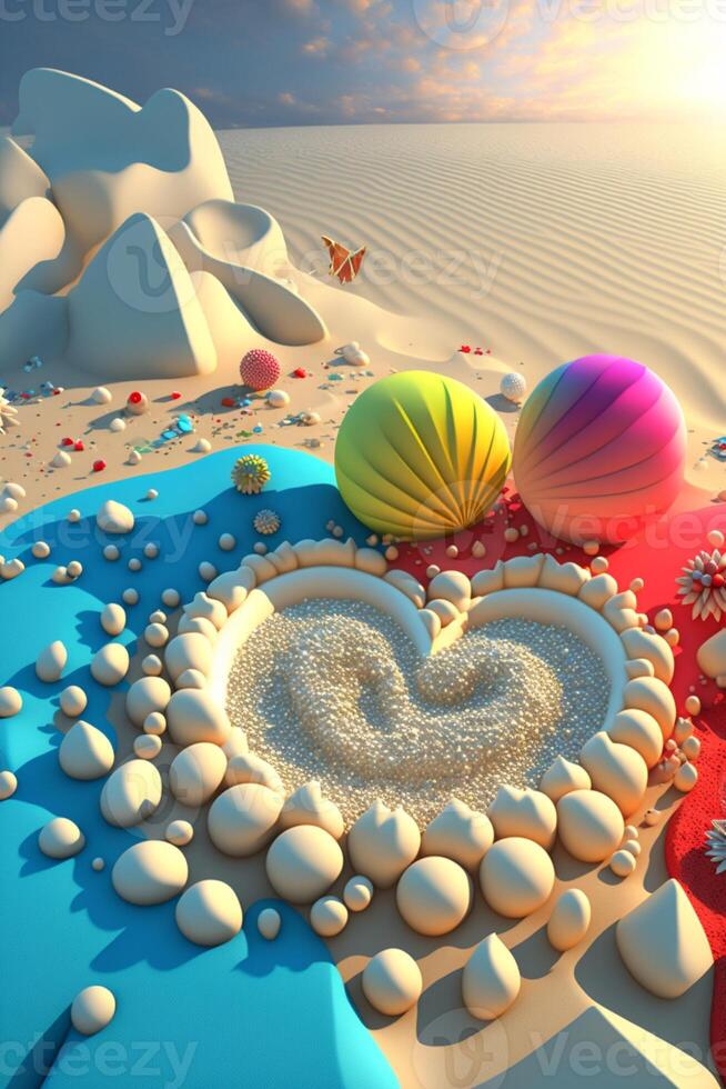 heart shaped balloon flying over a sandy beach. . photo