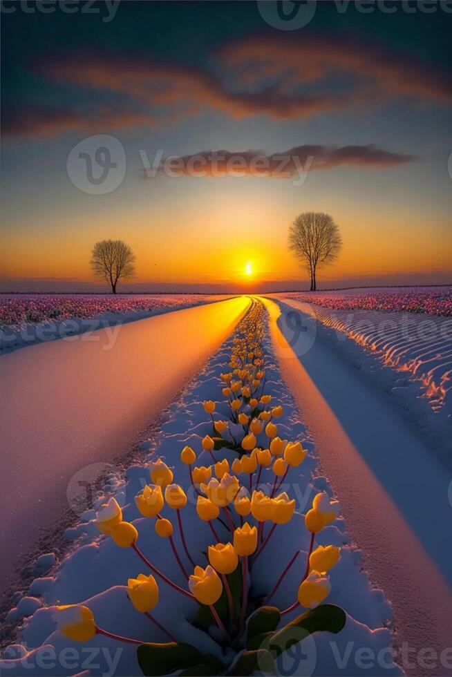 field of yellow tulips in the snow. . photo