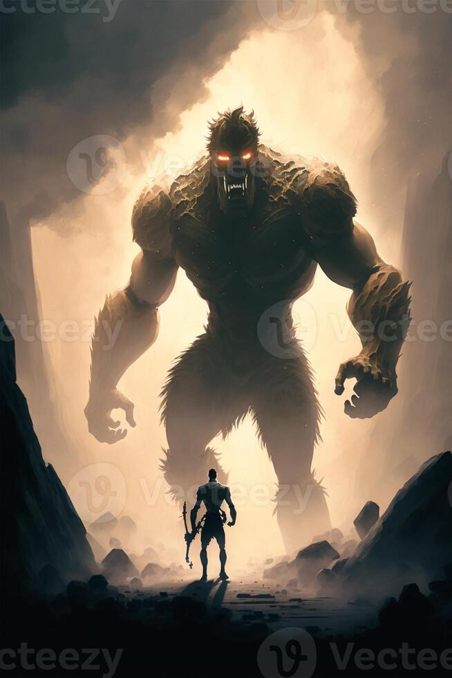 man standing in front of a giant monster. . photo