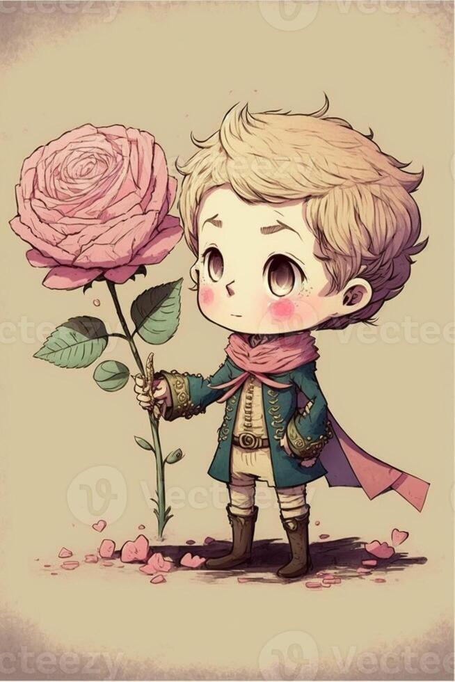 dibujo de un chico rodeado por flores generativo ai. foto