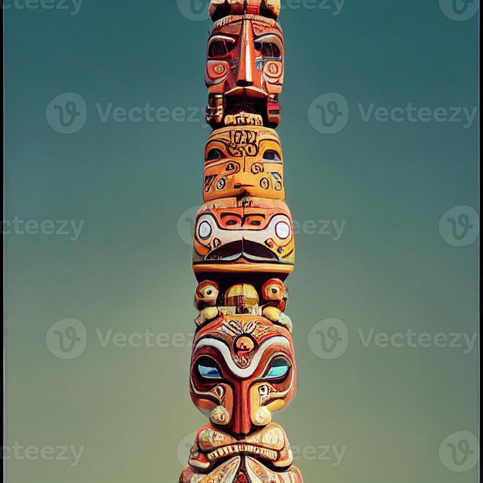 totem pole in front of a blue sky. . photo