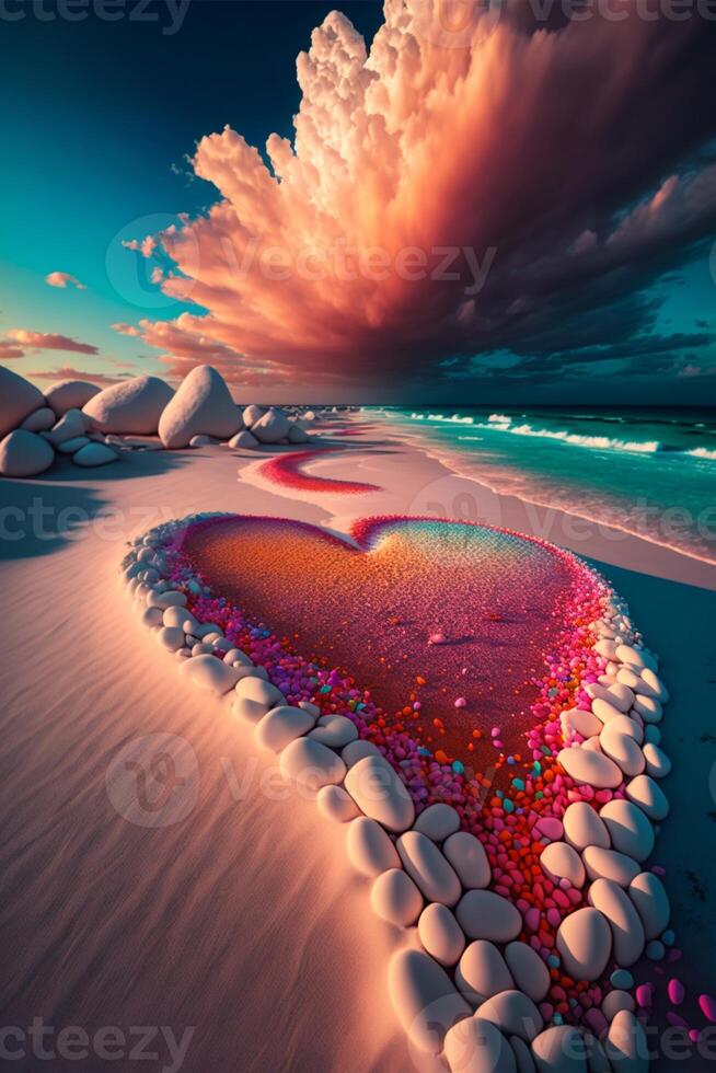 corazón hecho fuera de rocas en un playa. generativo ai. foto