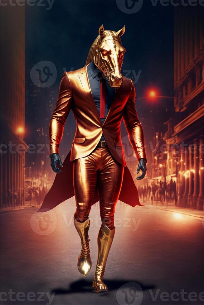 man in a gold suit walking down a street. . photo