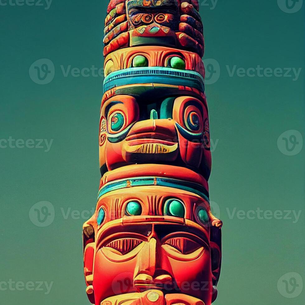 totem pole in front of a blue sky. . photo