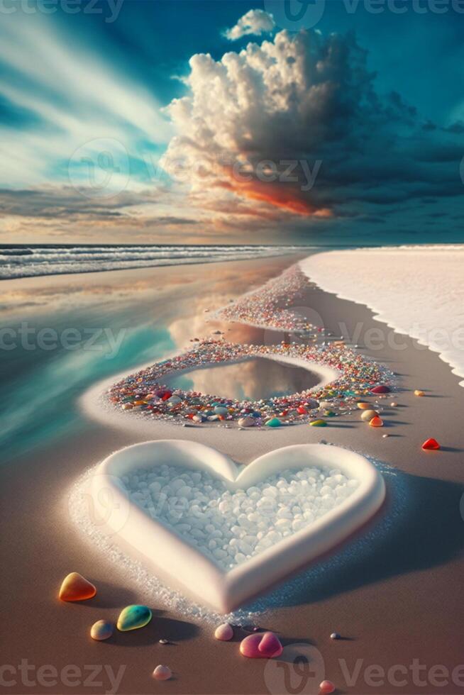 heart shaped object sitting on top of a sandy beach. . photo