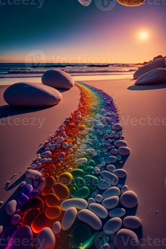 rainbow of rocks on a beach at sunset. . photo