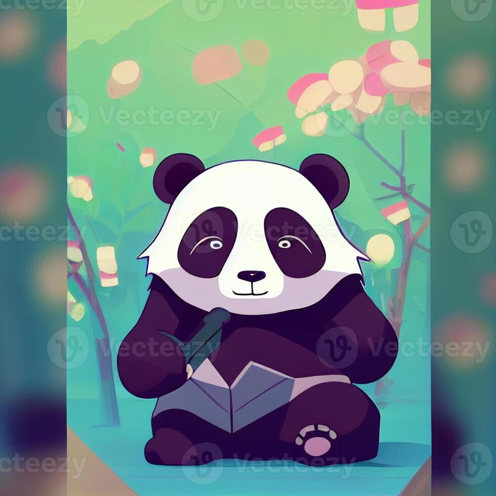 panda oso sentado en un repisa leyendo un libro. generativo ai. foto