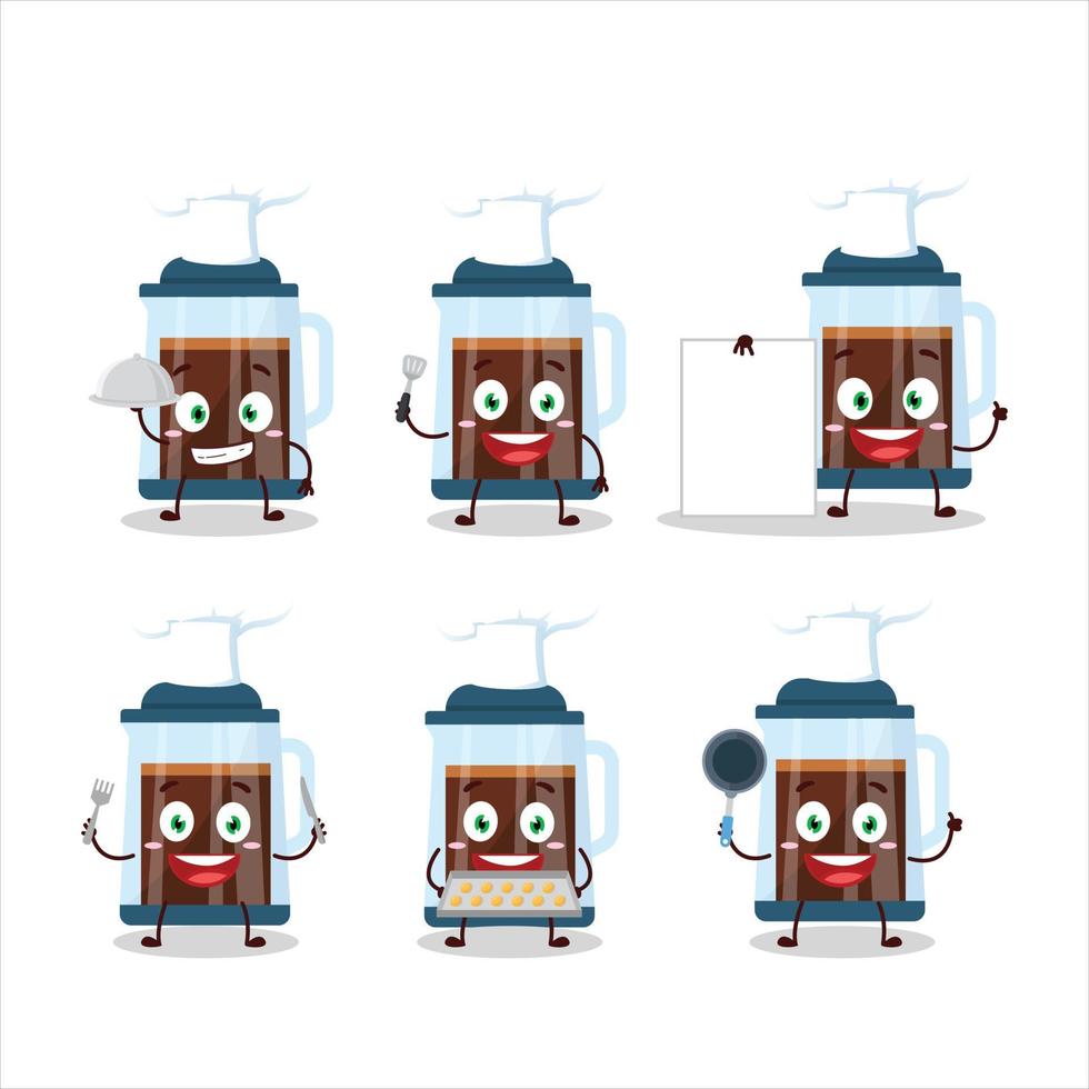 Cartoon character of french press with various chef emoticons vector