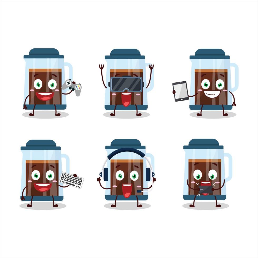 French press cartoon character are playing games with various cute emoticons vector