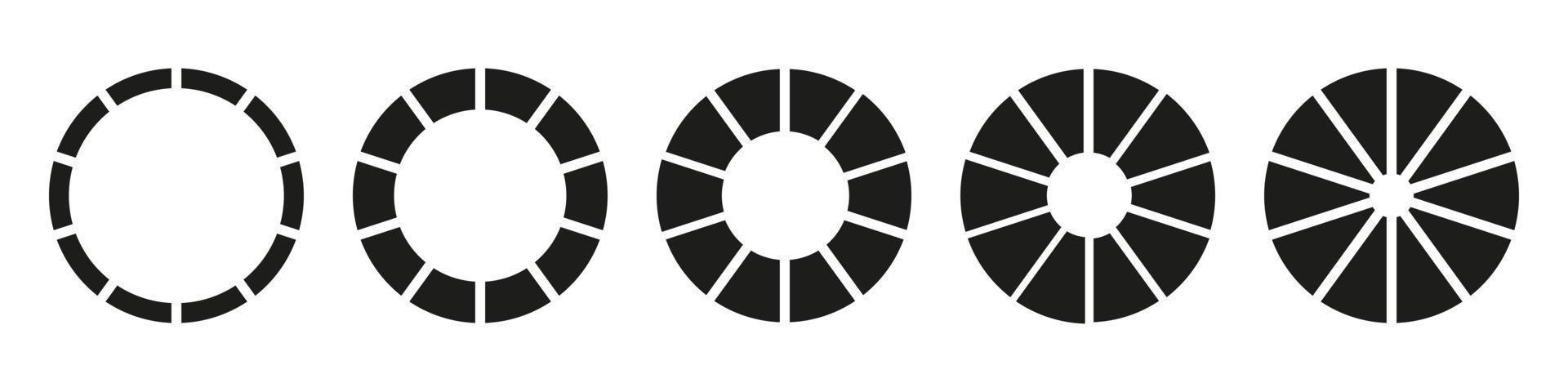 ruedas redondo dividido en diez secciones. diagramas infografía colocar. circulo sección grafico. tarta gráfico iconos rosquilla cartas o pasteles segmentario en 10 igual partes. geométrico elementos. vector sencillo ilustración.