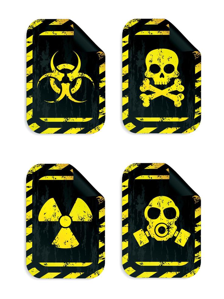 Danger sign stickers set in grunge design style vector. Radiation sign, Biohazard sign, Toxic sign, Poison sign vector