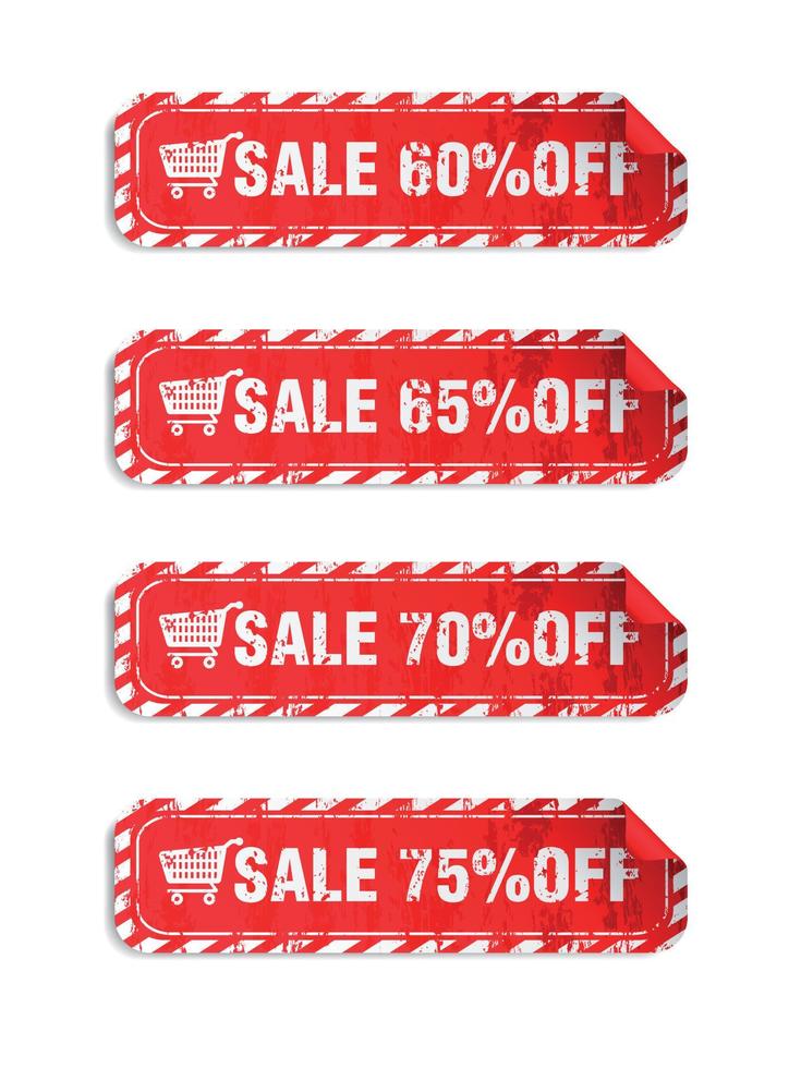 Sale red stickers set in grunge design style vector. Sale 60, 65, 70, 75 off vector
