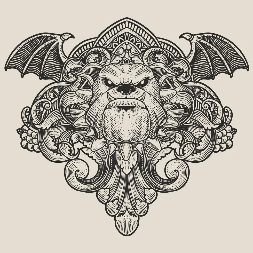 Illustration of Bulldog head with vintage engraving ornament in back perfect for your merchandise and T shirt vector