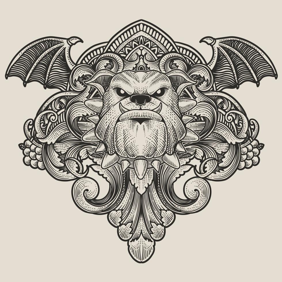 ilustración de buldog cabeza con Clásico grabado ornamento en espalda Perfecto para tu mercancías y t camisa vector