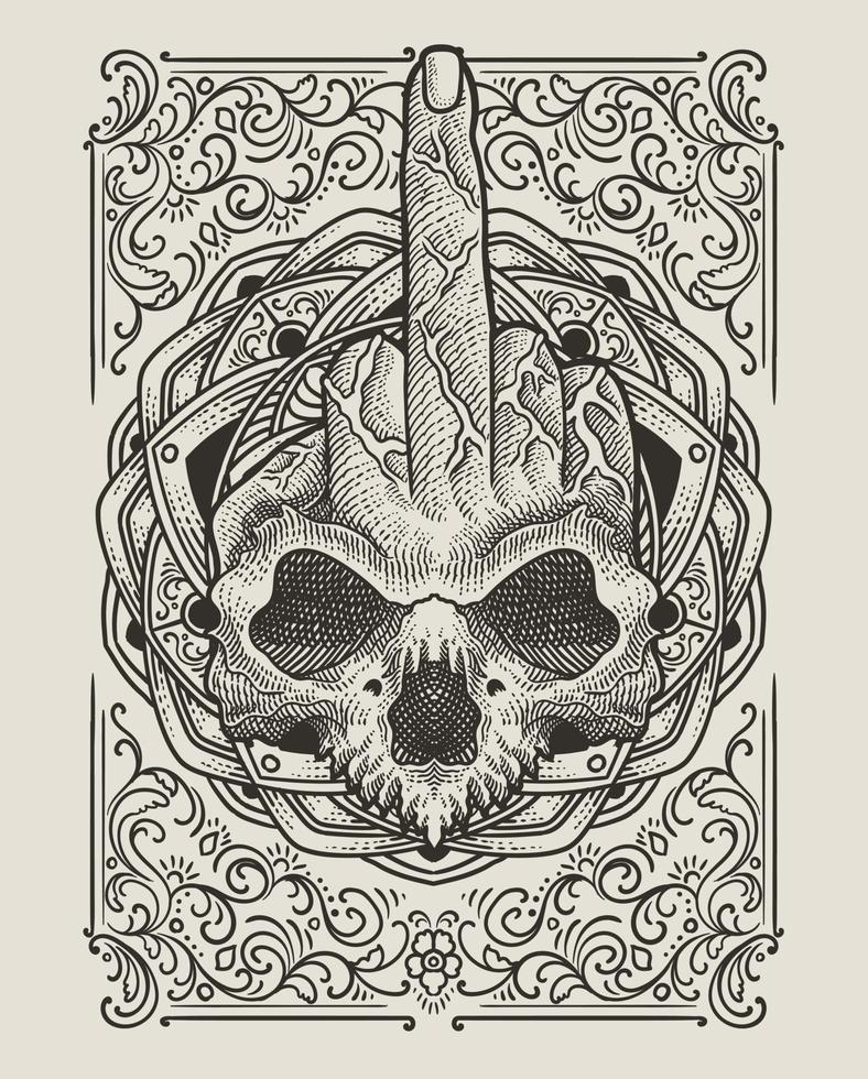 Illustration of Fuck finger skull with vintage engraving ornament in back perfect for your business and Merchandise vector