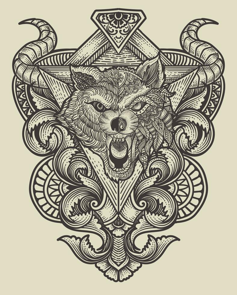 ilustración tribal lobo cabeza con Clásico grabado ornamento Perfecto para tu negocio y mercancías vector