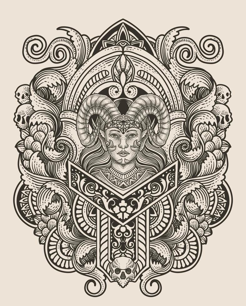 Vector illustration. beautiful demon girl with vintage engraving ornament style perfect for your business and  T shirt merchandise