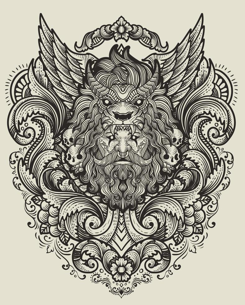 Illustration of tribal bearded man with lion hat vintage engraving ornament in back perfect for your business and Merchandise vector