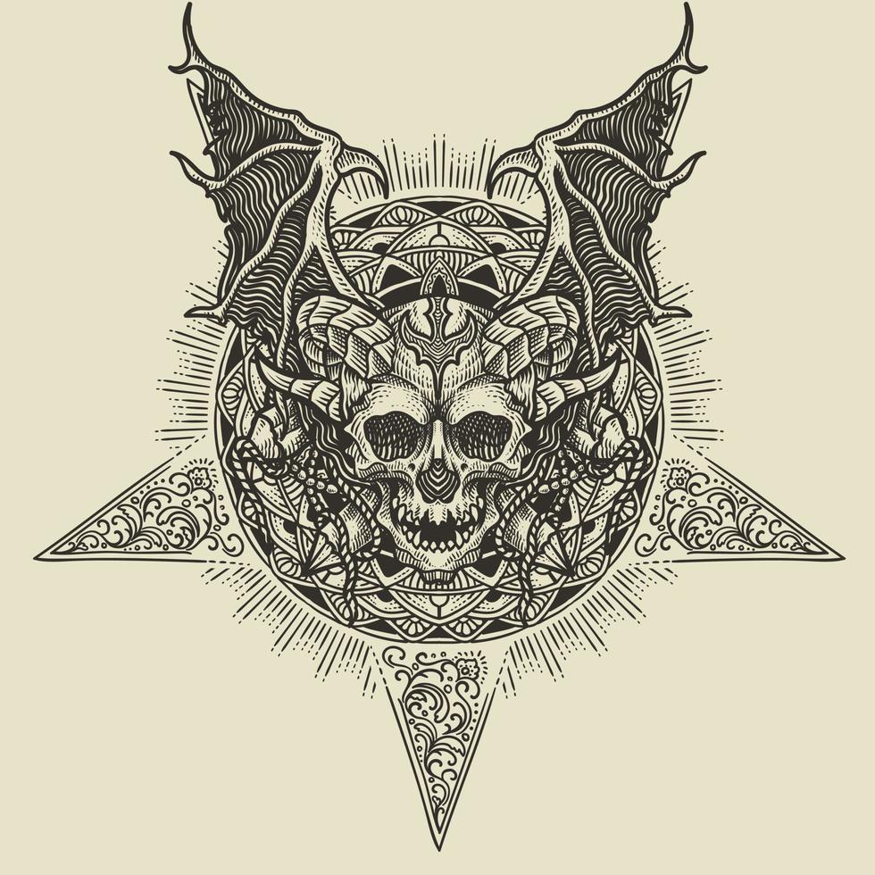 Illustration of demon skull head with vintage engraving ornament in back perfect for your business and Merchandise vector