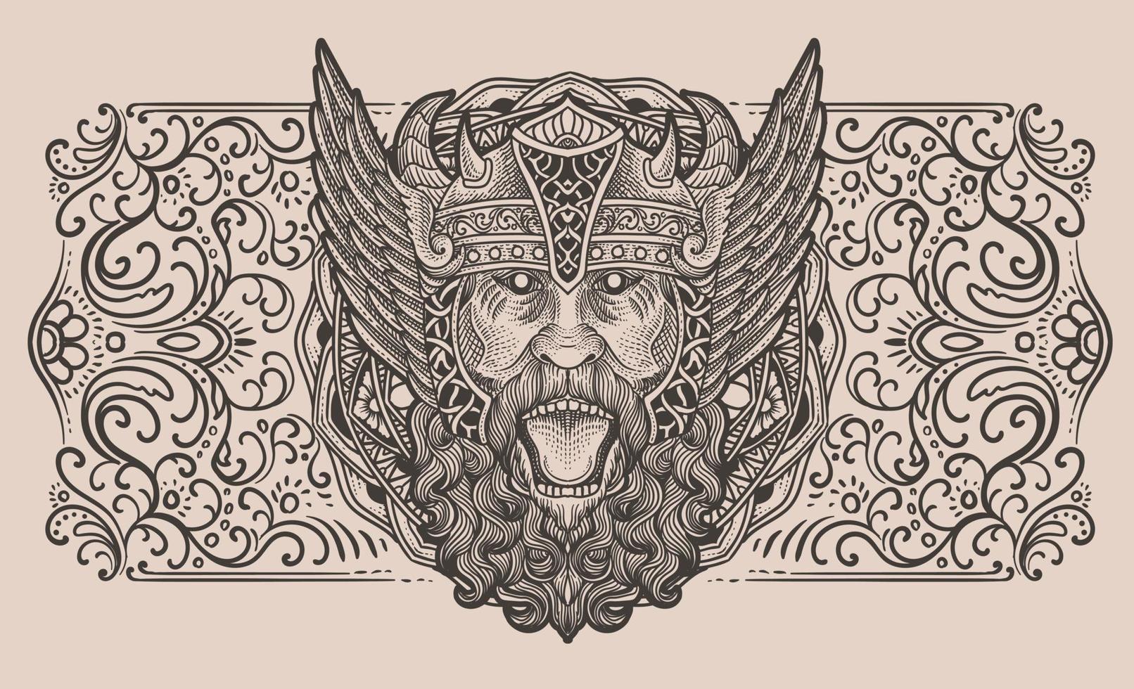 Illustration of angry viking head with vintage engraving ornament in back perfect for your business and Merchandise vector