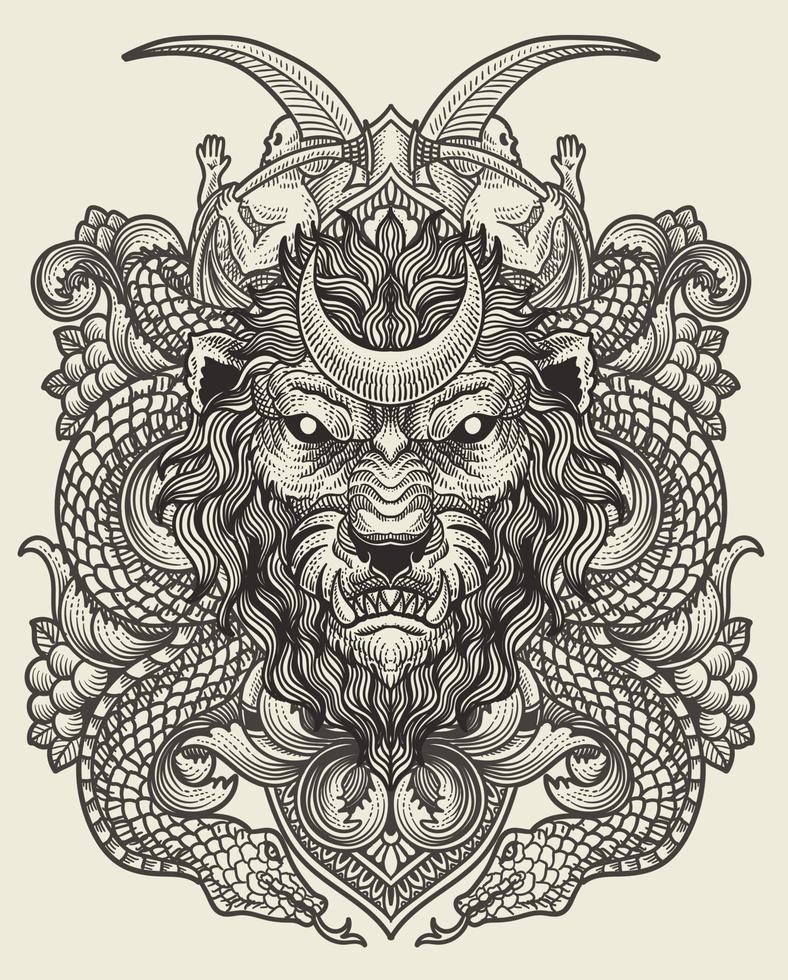 Illustration of lion head with vintage engraving ornament in back perfect for your business and Merchandise vector