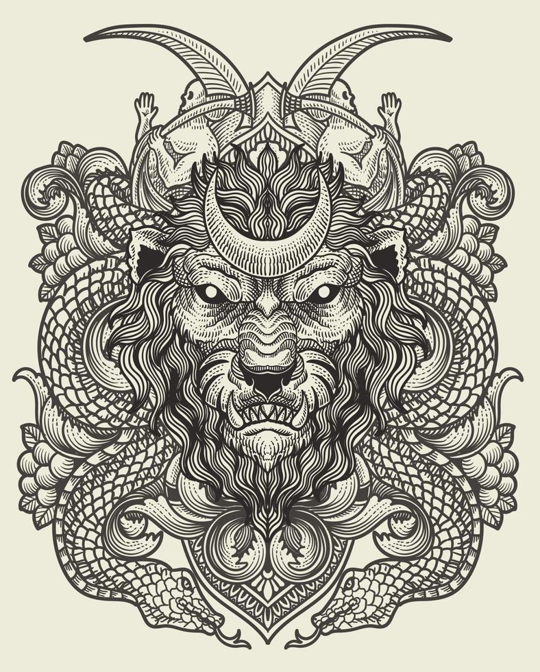 ilustración de león cabeza con Clásico grabado ornamento en espalda Perfecto para tu negocio y mercancías vector