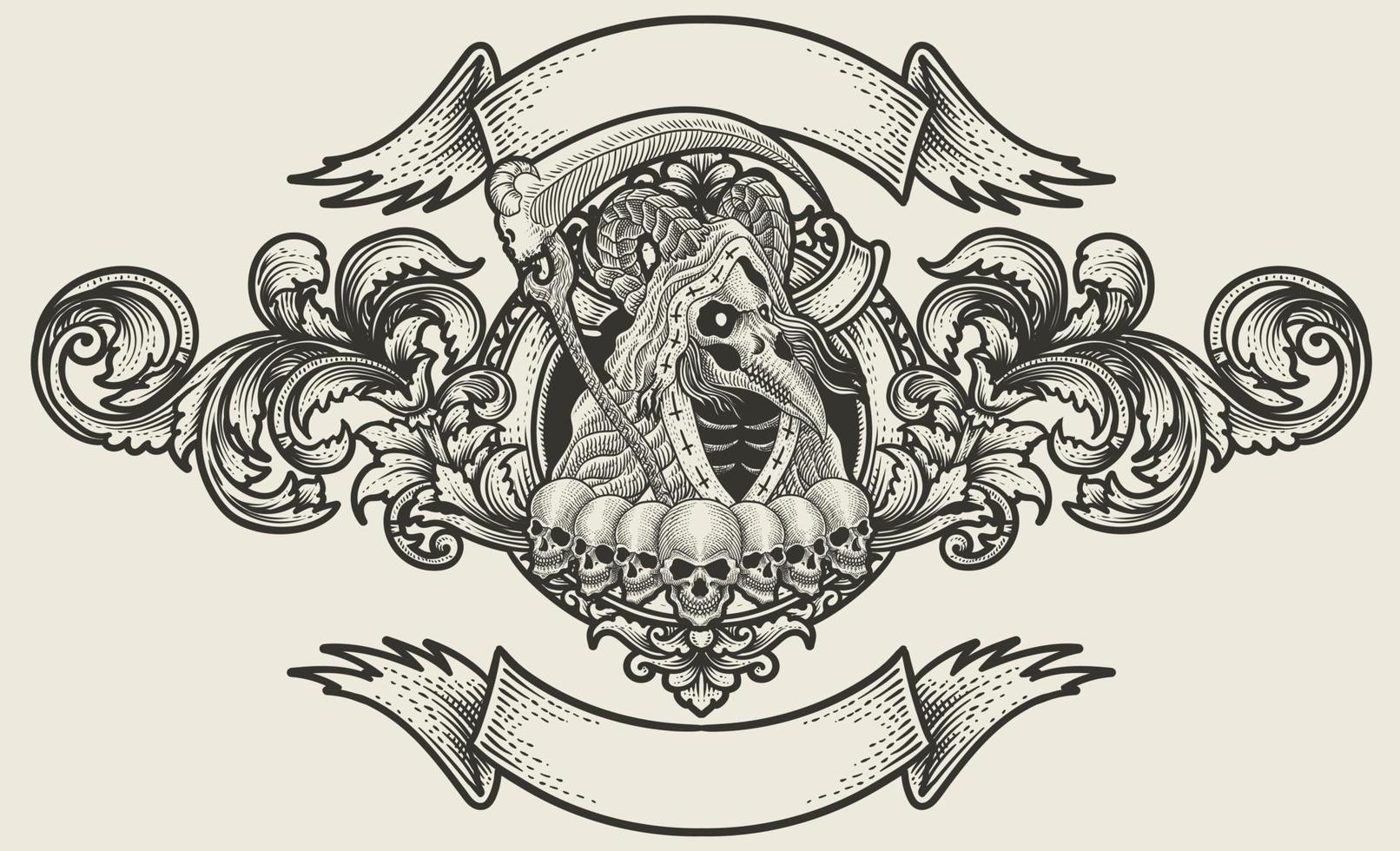 Illustration of scary grim reaper skull with vintage engraving ornament in back perfect for your business and Merchandise vector