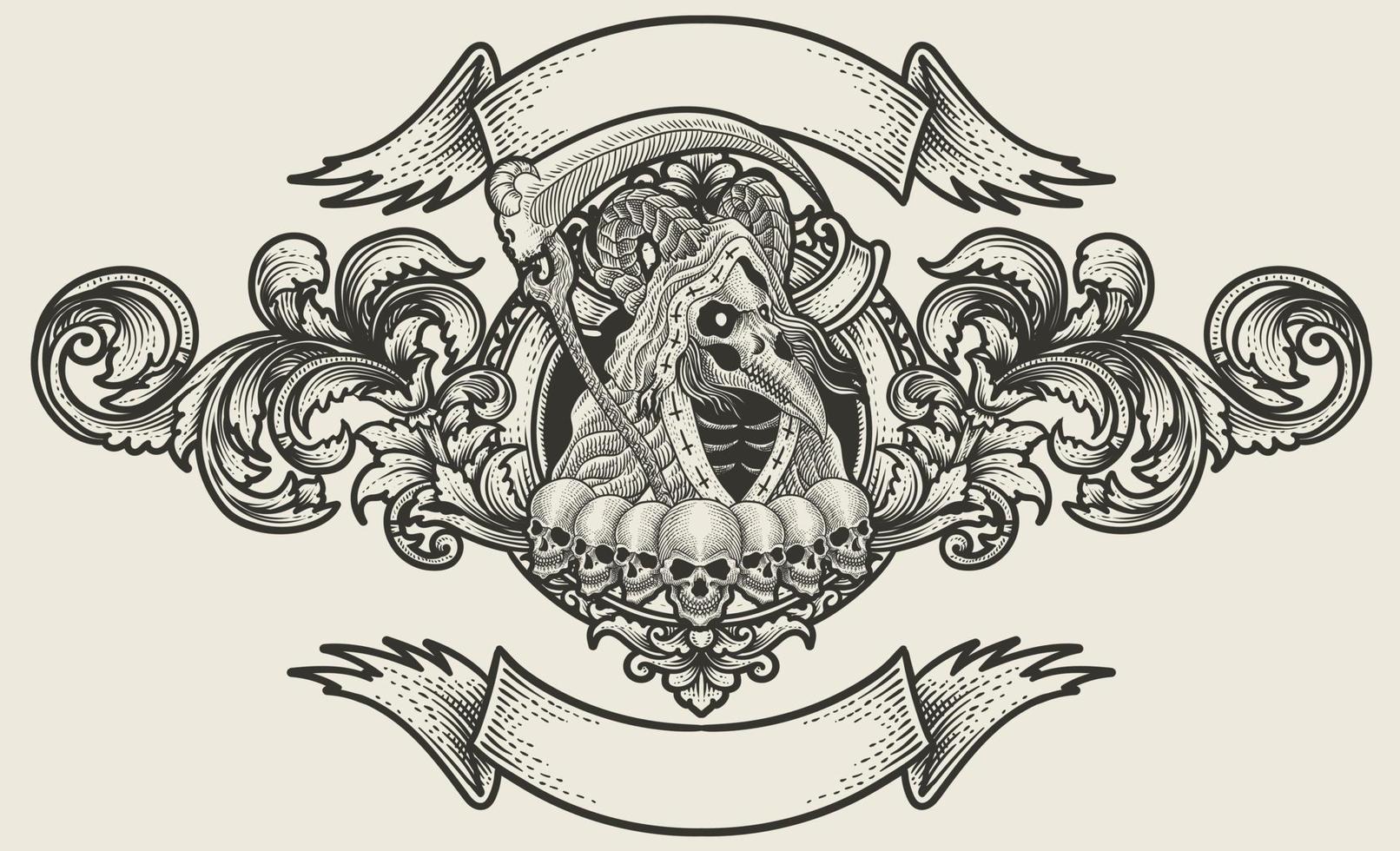 ilustración de de miedo severo segador cráneo con Clásico grabado ornamento en espalda Perfecto para tu negocio y mercancías vector