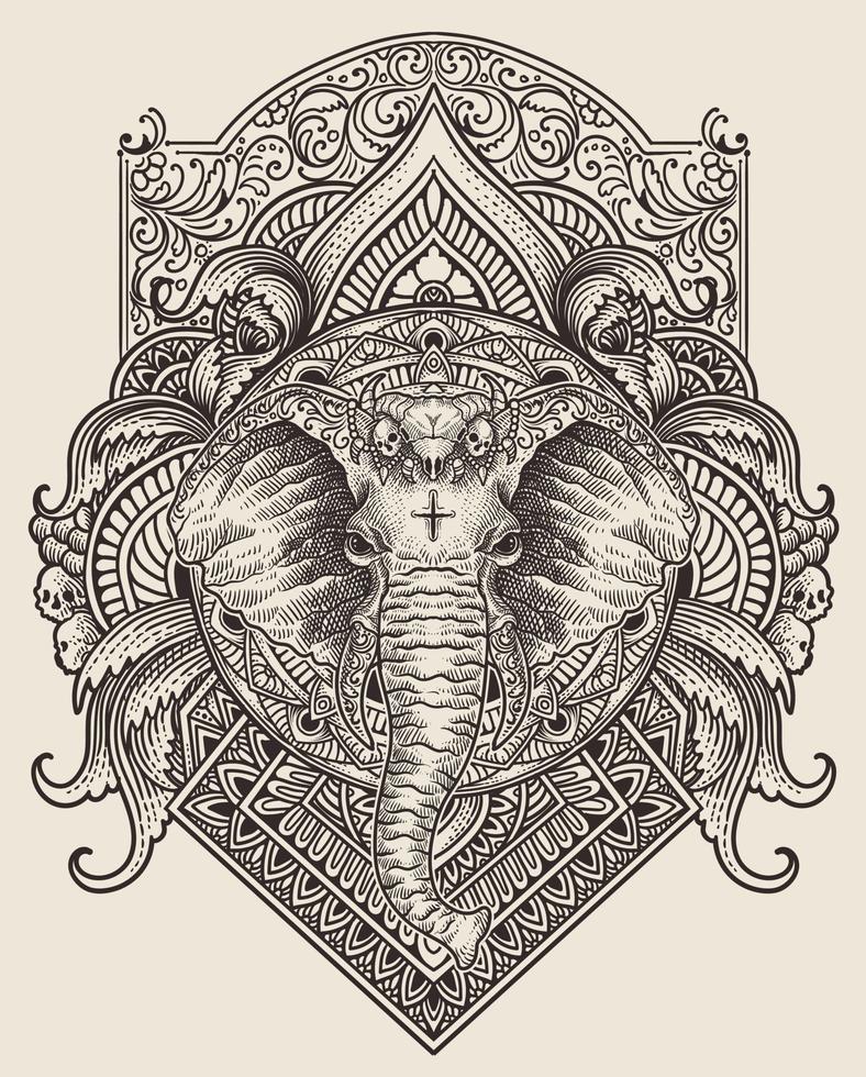 ilustración de elefante cabeza con Clásico grabado ornamento en espalda Perfecto para tu negocio y mercancías vector