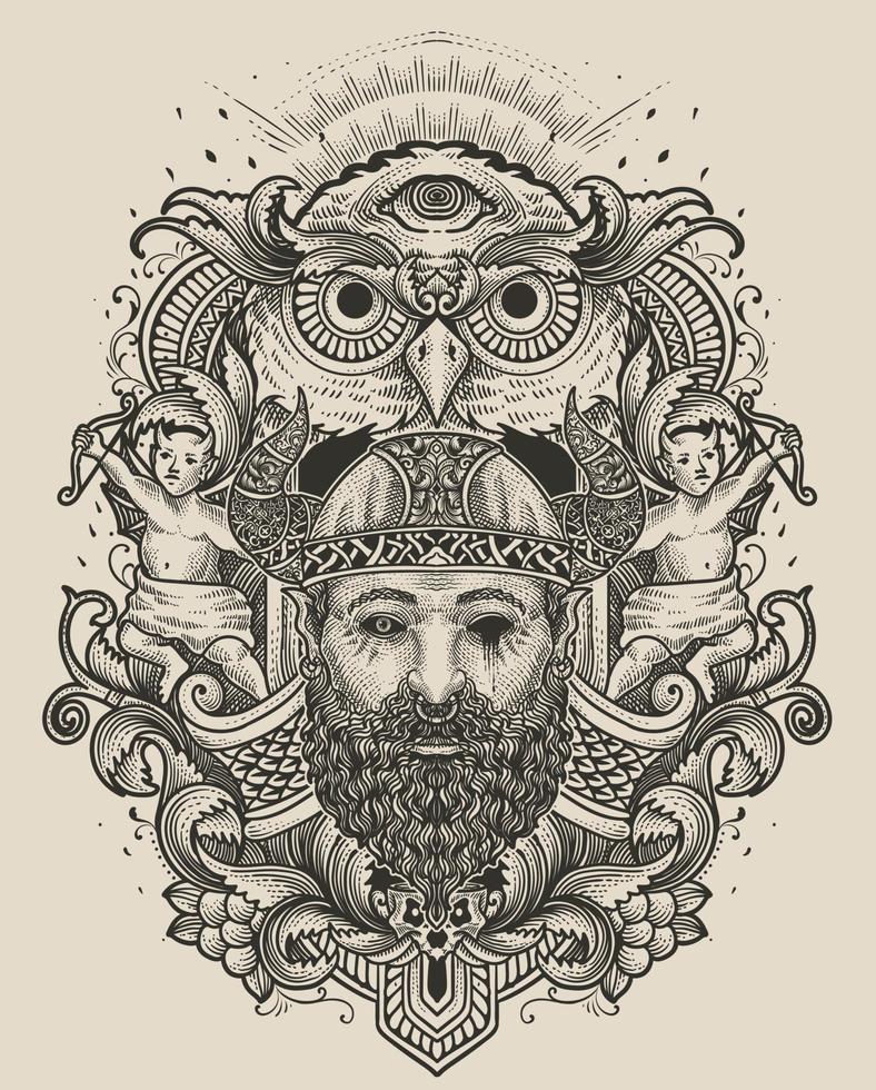 ilustración de vikingo cabeza con Clásico grabado ornamento en espalda Perfecto para tu negocio y mercancías vector