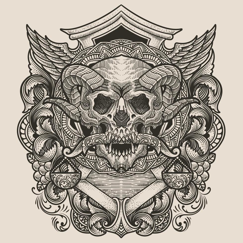 ilustración demonio esqueleto poco el escamas con Clásico grabado ornamento Perfecto para tu negocio y mercancías vector