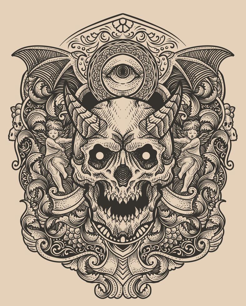 Illustration of demon skull head with vintage engraving ornament in back perfect for your business and Merchandise vector
