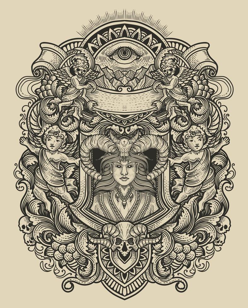 Vector illustration. beautiful demon girl with vintage engraving ornament style perfect for your business and T shirt merchandise