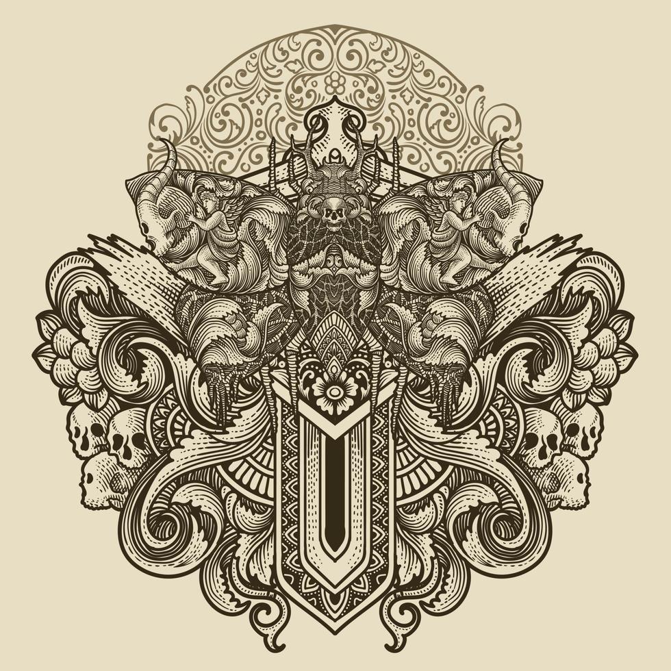 ilustración de de miedo mariposa con Clásico grabado ornamento en espalda Perfecto para tu negocio y mercancías vector