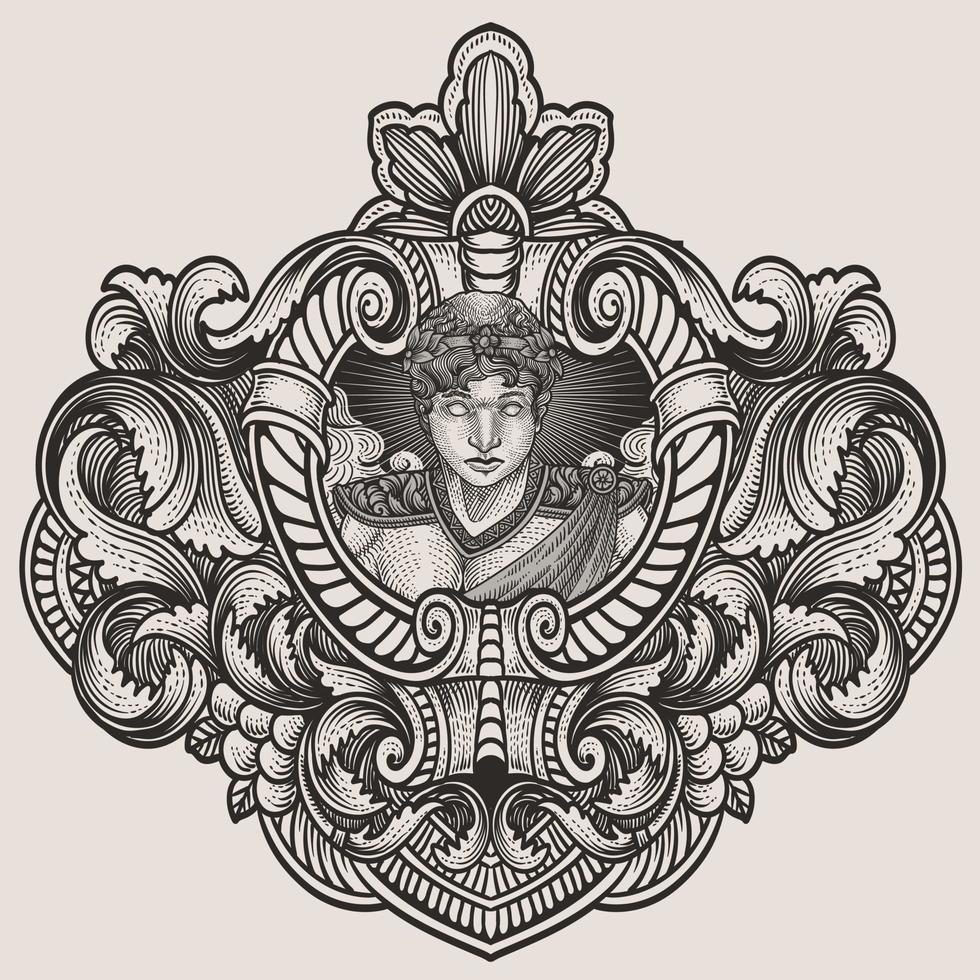 Illustration vector Helios God of sun Greek mythology with vintage engraving ornament frame perfect for your merchandise and T shirt