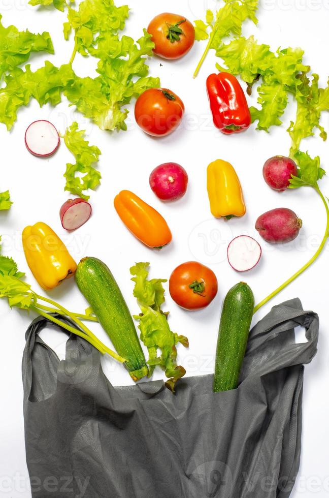 plano laico composición con Fresco maduro vegetales y bolso en blanco antecedentes. plano laico conjunto de estacional vegetales y bolso en un blanco antecedentes. marco de varios vegetales y bolso en antecedentes foto