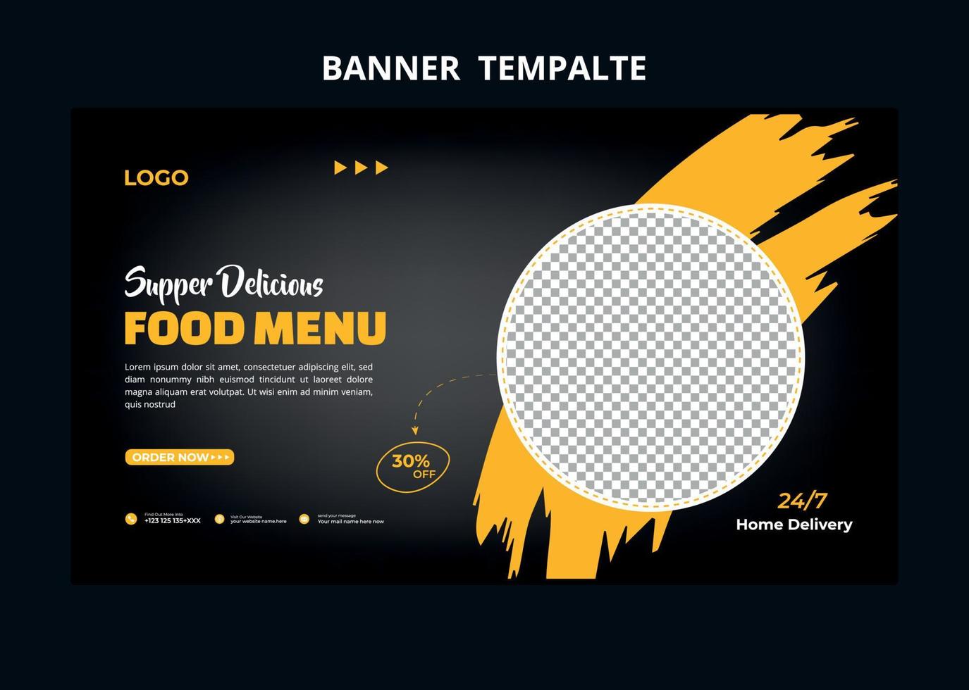 banner web de marketing en redes sociales del menú de comida del restaurante. miniatura de video de promoción de venta en línea de pizza, hamburguesa o hamburguesa. fondo del sitio web de comida rápida. volante de comida con logo e icono de negocio. vector