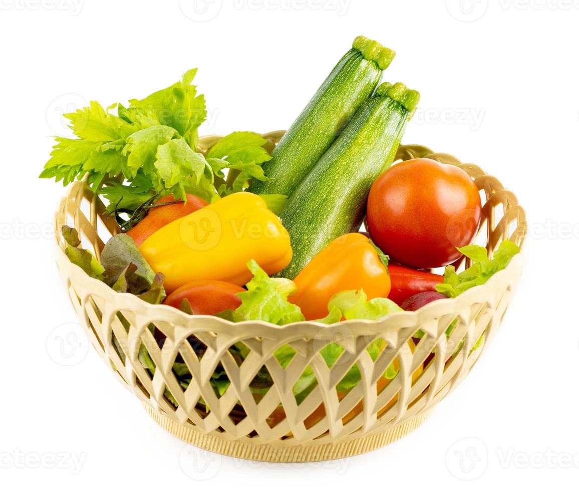 set of vegetable in basket isolated on white background. Basket filled with vegetables on white background. collection fresh vegetables in basket isolated on white background with clipping path photo